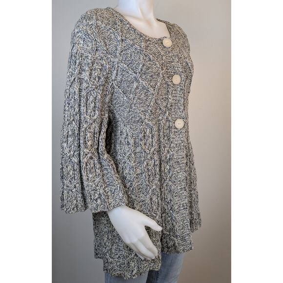 Leo & Nicole Coatigan Cardigan 1X Gray Cream Cable Knit Button Front Swing Style - Picture 2 of 9